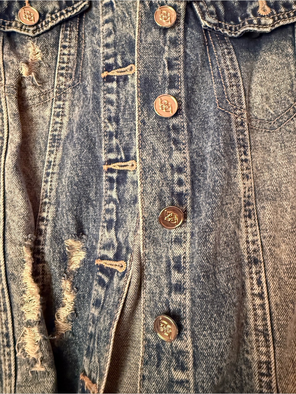bebe Blue Distressed Denim Jacket with Embroidered Floral Accent - Picture 4 of 6